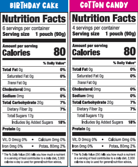 Celebration Pack (Birthday Cake & Cotton Candy) Applesauce Pouches Nutrition Information
