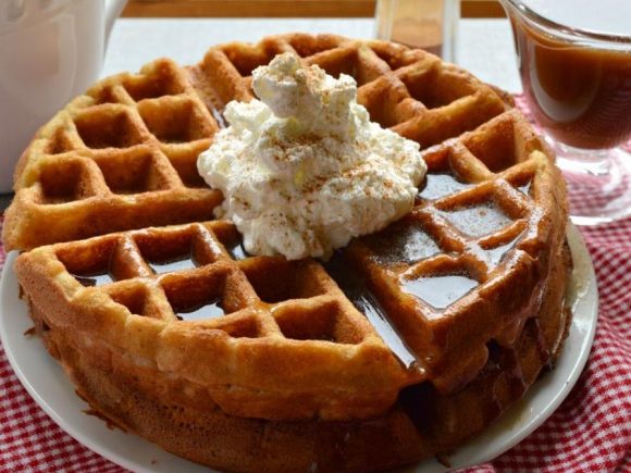 Apple Butter Waffles with Cinnamon Syrup